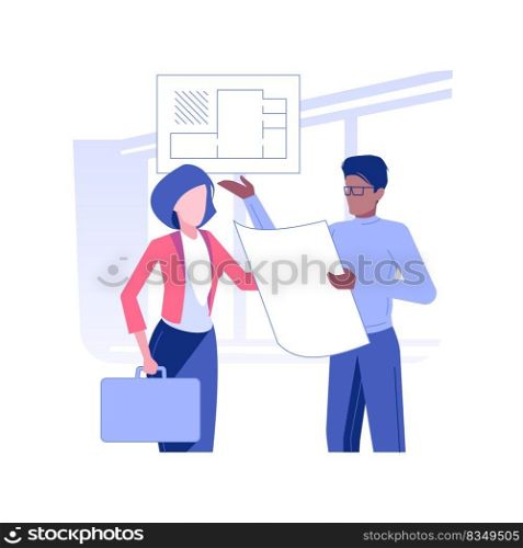 Real estate agent isolated concept vector illustration. Realtor with customers in empty building, buying agent talks with clients, showing assistant, brokerage company business vector concept.. Real estate agent isolated concept vector illustration.