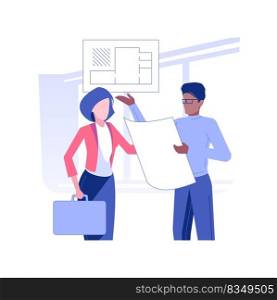 Real estate agent isolated concept vector illustration. Realtor with customers in empty building, buying agent talks with clients, showing assistant, brokerage company business vector concept.. Real estate agent isolated concept vector illustration.