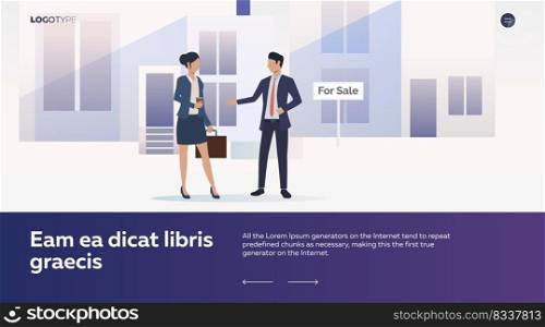 Real estate agent meeting with client. Man and woman standing at building for sale, property, deal vector illustration. Business concept for banner, website design or landing web page