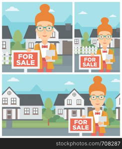 Real estate agent offering the house. Female broker with placard for sale and documents in hands standing in front of the house. Vector flat design Illustration. Square, horizontal, vertical layouts.. Real estate agent offering house.