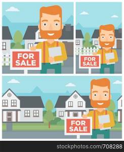 Real estate agent offering the house. Male broker with placard for sale and documents in hands standing in front of the house. Vector flat design Illustration. Square, horizontal, vertical layouts.. Real estate agent offering house.