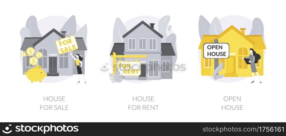 Real estate agent service abstract concept vector illustration set. House for sale and for rent, open house, best deal, booking, residential and commercial property, mortgage broker abstract metaphor.. Real estate agent service abstract concept vector illustrations.