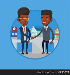 Real estate agent shaking hand to buyer after real estate deal. Conclusion of real estate deal between real estate agent and buyer. Vector flat design illustration in the circle isolated on background. Agreement between real estate agent and buyer.