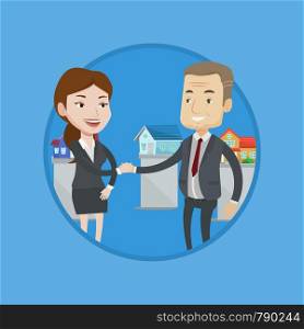 Real estate agent shaking hand to buyer after successful deal in office. Conclusion of real estate deal between realtor and buyer. Vector flat design illustration in the circle isolated on background. Agreement between real estate agent and buyer.
