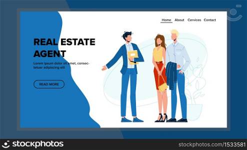 Real Estate Agent Show House For Couple Vector. Real Estate Businessman Showing Apartment Young Man And Woman Family. Characters Buy Property Or Rent Business Web Cartoon Illustration. Real Estate Agent Show House For Couple Vector