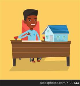 Real estate agent signing contract. Real estate agent sitting at workplace in office with house model on the table. Man signing home purchase contract. Vector flat design illustration. Square layout.. Real estate agent signing contract.