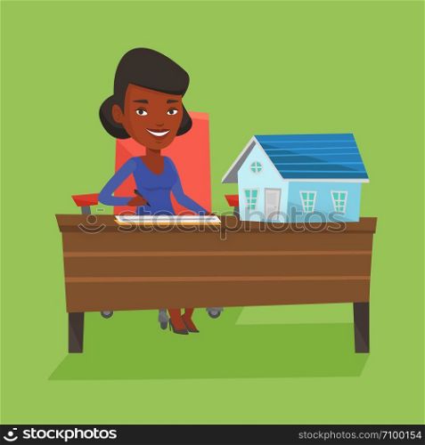 Real estate agent signing contract. Real estate agent sitting at workplace in office with house model on the table. Woman signing home purchase contract. Vector flat design illustration. Square layout. Real estate agent signing contract.