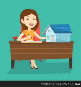 Real estate agent signing contract. Real estate agent sitting at workplace in office with house model on the table. Woman signing home purchase contract. Vector flat design illustration. Square layout. Real estate agent signing contract.