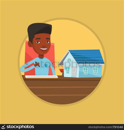 Real estate agent signing contract. Real estate agent sitting in office with house model. Man signing home purchase contract. Vector flat design illustration in the circle isolated on background.. Real estate agent signing contract.