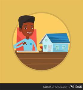 Real estate agent signing contract. Real estate agent sitting in office with house model. Man signing home purchase contract. Vector flat design illustration in the circle isolated on background.. Real estate agent signing contract.