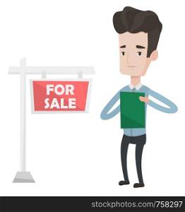 Real estate agent signing home purchase contract in front of for sale real estate sign. Caucasian real estate agent selling a house. Vector flat design illustration isolated on white background.. Real estate agent signing contract.