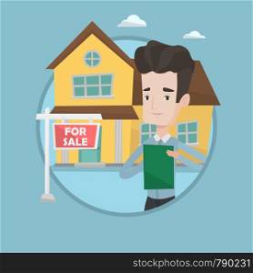 Real estate agent signing home purchase contract in front of for sale sign and house. Caucasian real estate agent selling a house. Vector flat design illustration in the circle isolated on background.. Real estate agent signing contract.
