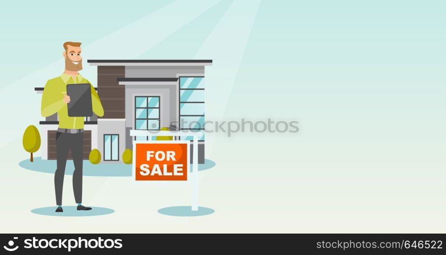 Real estate agent signing home purchase contract in front of house for sale. Real estate agent standing in front of house with placard for sale. Vector flat design illustration. Horizontal layout.. Real estate agent signing home purchase contract.