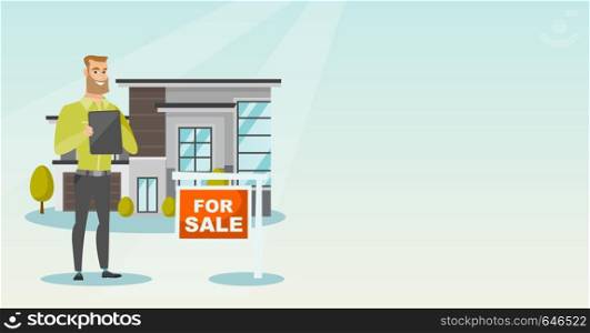 Real estate agent signing home purchase contract in front of house for sale. Real estate agent standing in front of house with placard for sale. Vector flat design illustration. Horizontal layout.. Real estate agent signing home purchase contract.