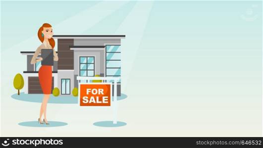 Real estate agent signing home purchase contract in front of house for sale. Real estate agent standing in front of house with placard for sale. Vector flat design illustration. Horizontal layout.. Real estate agent signing home purchase contract.