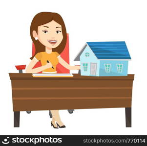 Real estate agent signing home purchase contract. Real estate agent working in office with house model and home purchase contract on table. Vector flat design illustration isolated on white background. Real estate agent signing home purchase contract.