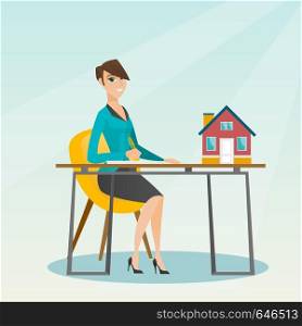Real estate agent sitting at workplace in office with house model on the table and signing home purchase contract. Woman signing home purchase contract. Vector flat design illustration. Square layout.. Real estate agent signing home purchase contract.
