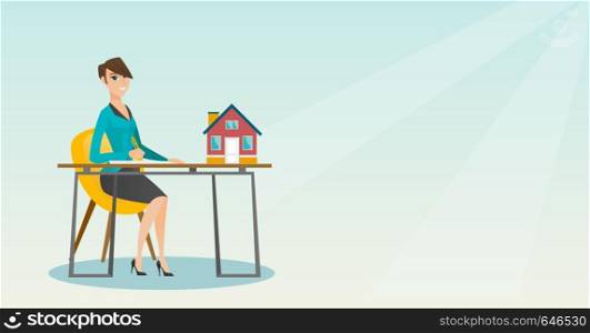 Real estate agent sitting at workplace in office with house model on table and signing home purchase contract. Woman signing home purchase contract. Vector flat design illustration. Horizontal layout. Real estate agent signing home purchase contract.