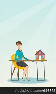 Real estate agent sitting at workplace in office with house model on table and signing home purchase contract. Woman signing home purchase contract. Vector flat design illustration. Vertical layout.. Real estate agent signing home purchase contract.