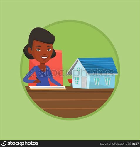 Real estate agent sitting at workplace with house model and signing home purchase contract. Woman signing home purchase contract. Vector flat design illustration in the circle isolated on background.. Real estate agent signing contract.