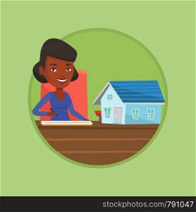Real estate agent sitting at workplace with house model and signing home purchase contract. Woman signing home purchase contract. Vector flat design illustration in the circle isolated on background.. Real estate agent signing contract.