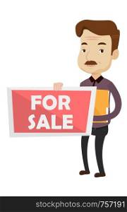 Real estate agent standing with documents near for sale real estate sign. Real estate agent selling house. Real estate agent offering house. Vector flat design illustration isolated on background.. Real estate agent offering house.