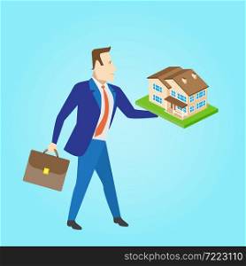 Real estate agent with a house model for sale. Vector illustration.. Real estate agent with a house model for sale. Vector illustrati