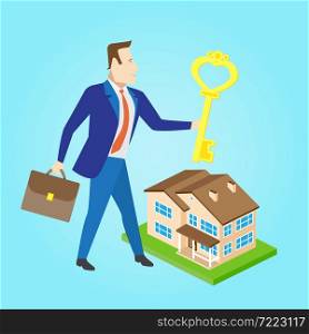 Real estate agent with a key and house model for sale. Vector illustration.