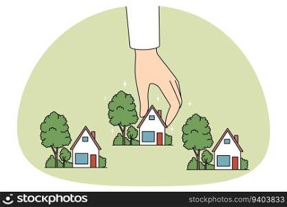Real estate agent working with small house miniatures. Realtor or broker hand holding homes maquettes. Realty and rent concept. Vector illustration.. Real estate agent working with house miniatures