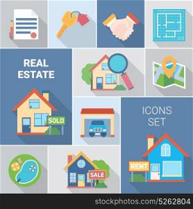 Real Estate And Agency Icons Set. Real estate and agency icons set with buying symbols flat isolated vector illustration