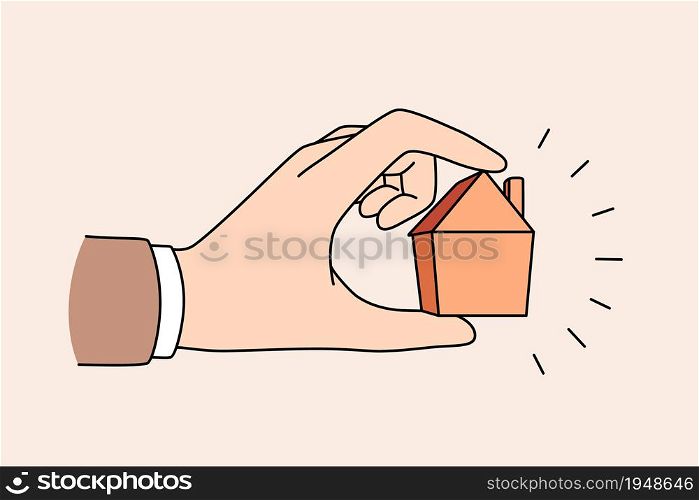 Real estate and apartment concept. Human hand holding little tine house apartment for sale or rent vector illustration. Real estate and apartment concept