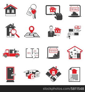 Real estate and housing black red icons set on white background isolated vector illustration . Real estate black icons set