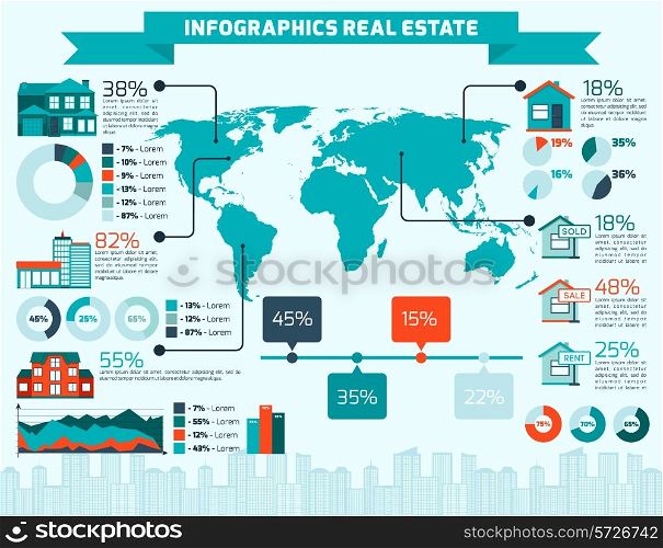 Real estate apartment sale and rent infographics with world map and charts vector illustration