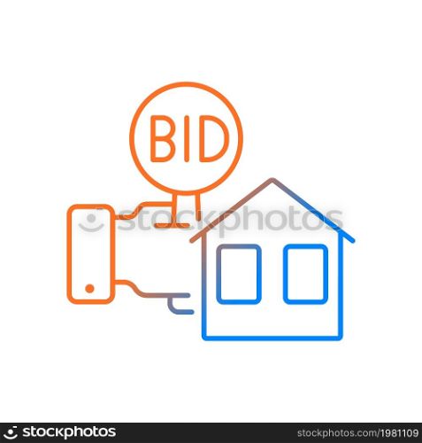 Real estate auction gradient linear vector icon. Competitive bidding for property. Selling buildings and land. Thin line color symbol. Modern style pictogram. Vector isolated outline drawing. Real estate auction gradient linear vector icon