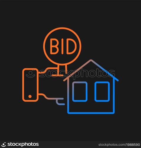 Real estate auction gradient vector icon for dark theme. Competitive bidding for property. Selling buildings and land. Thin line color symbol. Modern style pictogram. Vector isolated outline drawing. Real estate auction gradient vector icon for dark theme