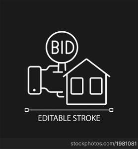 Real estate auction linear icon for dark theme. Competitive bidding. Bargaining for house. Thin line customizable illustration. Isolated vector contour symbol for night mode. Editable stroke. Real estate auction linear icon for dark theme