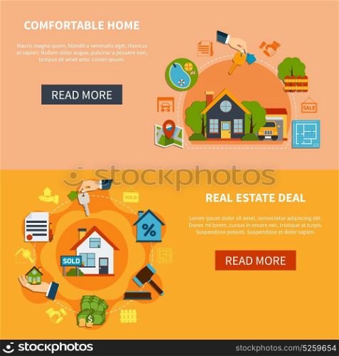 Real Estate Banners Set. Real estate deal and search of comfortable home horizontal banners set isolated on colorful backgrounds flat vector illustration
