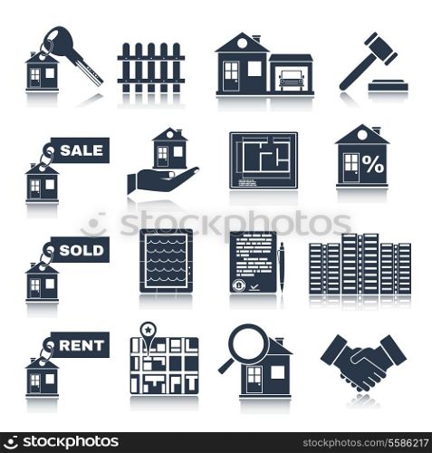 Real estate black icons set of house apartment and commercial property isolated vector illustration