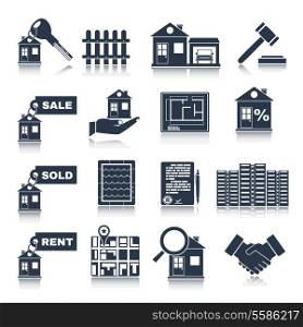 Real estate black icons set of house apartment and commercial property isolated vector illustration