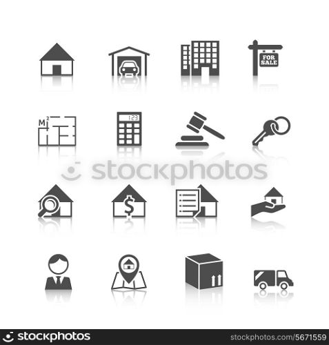 Real estate black icons set of house plan apartment valuation and choosing isolated vector illustration
