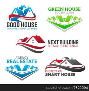 Real estate broker agency and house sale agent company icons. Vector isolated luxury mansions and premium cottage house rental, building and eco home construction. House construction, real estate agency icons