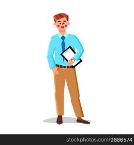 Real Estate Broker Agent Holding Agreement Vector. Insurance Or Trade Market Professional Broker, Young Man, Agency Employee Hold Document. Character Businessman Flat Cartoon Illustration. Real Estate Broker Agent Holding Agreement Vector