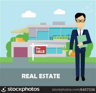Real estate broker at work. Building for sale. Real estate broker at work. Real estate agent, house building, property home, realtor and rent, sale housing, buy apartment. Part of series of modern buildings in flat design style. Vector
