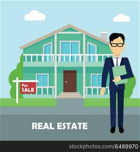 Real estate broker at work. Building for sale. Real estate broker at work. Real estate agent, house building, property home, realtor and rent, sale housing, buy apartment. Part of series of modern buildings in flat design style. Vector
