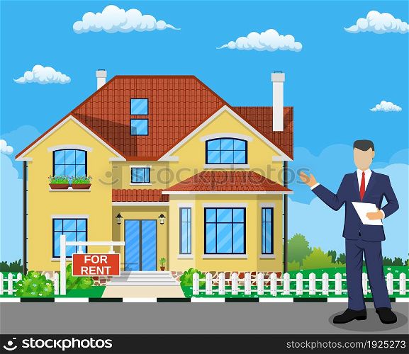Real estate broker at work. Real estate agent, house building, property home, realtor and rent, sale housing, buy apartment. Vector illustration in flat style. Real estate broker at work.