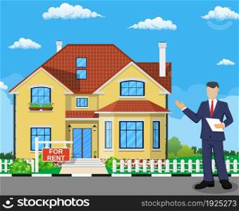 Real estate broker at work. Real estate agent, house building, property home, realtor and rent, sale housing, buy apartment. Vector illustration in flat style. Real estate broker at work.
