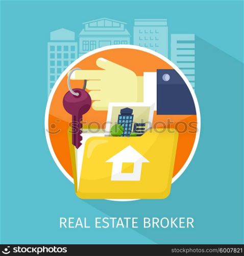Real estate broker design flat. Real estate agent, house building, property home, realtor and rent, sale housing, buy apartment, key and construction illustration