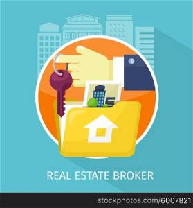 Real estate broker design flat. Real estate agent, house building, property home, realtor and rent, sale housing, buy apartment, key and construction illustration