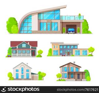 Real estate building icons of vector cottage houses, villas, bungalows, townhouses or mansions. Front view of town or village residential buildings with windows, doors, roofs, chimneys and garages. Real estate building, cottage house, villa icons