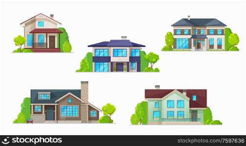 Real estate building vector icons of residential houses, homes and cottages, bungalows, townhouses, villas and mansions. Village and town two storey houses with doors, windows, roofs and chimneys. House, home, cottage icons, real estate buildings